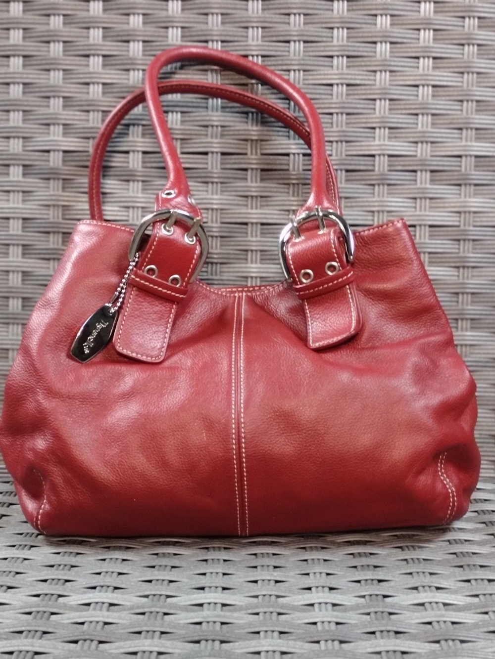 Tignanello Red Leather Shoulder Bag with Buckle Accents